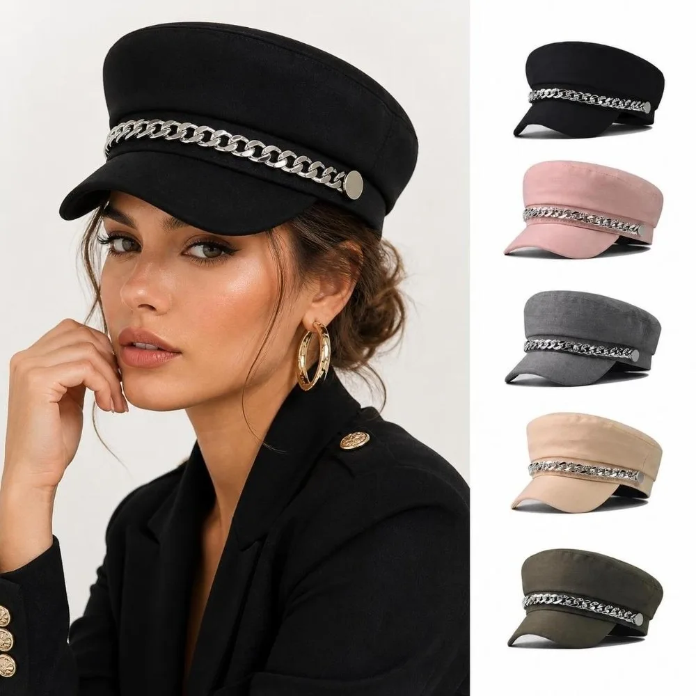 Retro Rhinestone Chain Decor Newsboy Cap Short Brim Flat Top Beret Hat Vintage Twill Fabric Flat Top Cap Daily Street Wear