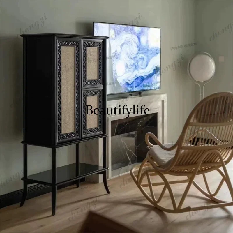 H134  rattan carved solid wood display locker neoclassical entrance cabinet high cabinet