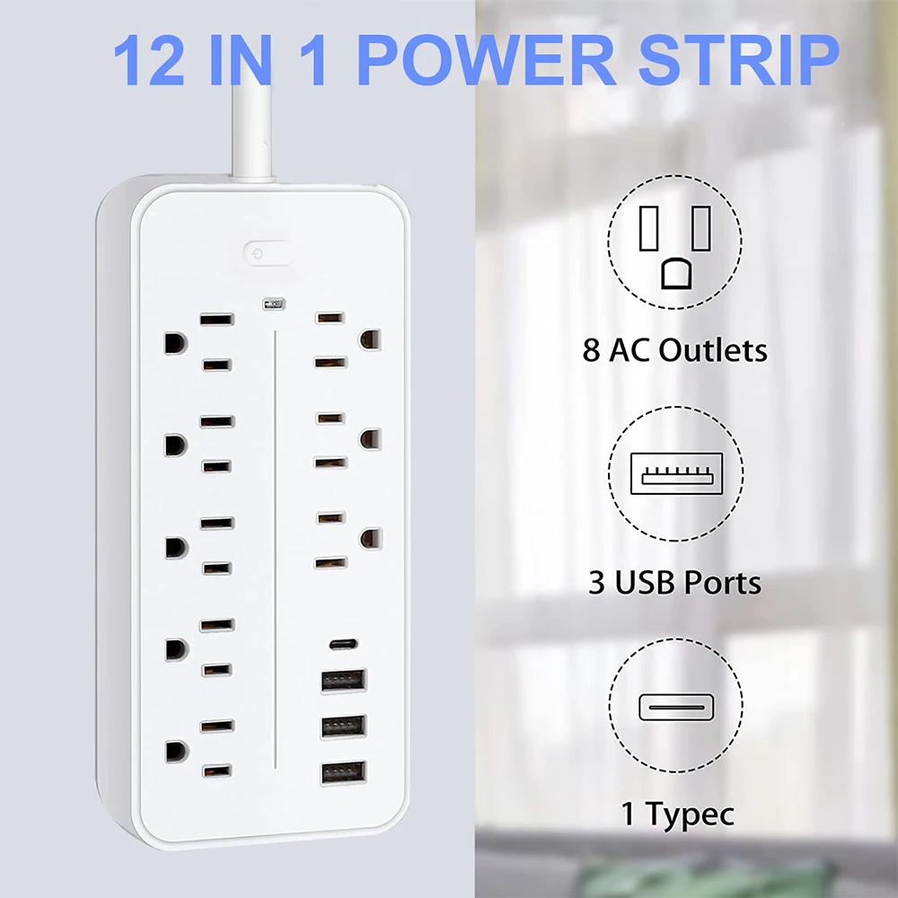 Power Strip US Plug AC Outlets Multitap Electrical Socket Extension Cord With USB C Ports Fast Charging Network Filter Adapter