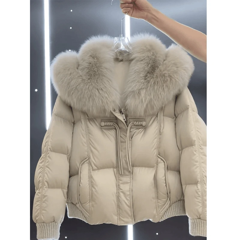 

Korean Sle ort Thiened Cotton Jaet with Fur Collar in Beige Color Winter Faion Outerwear for Women Casual Streetwear