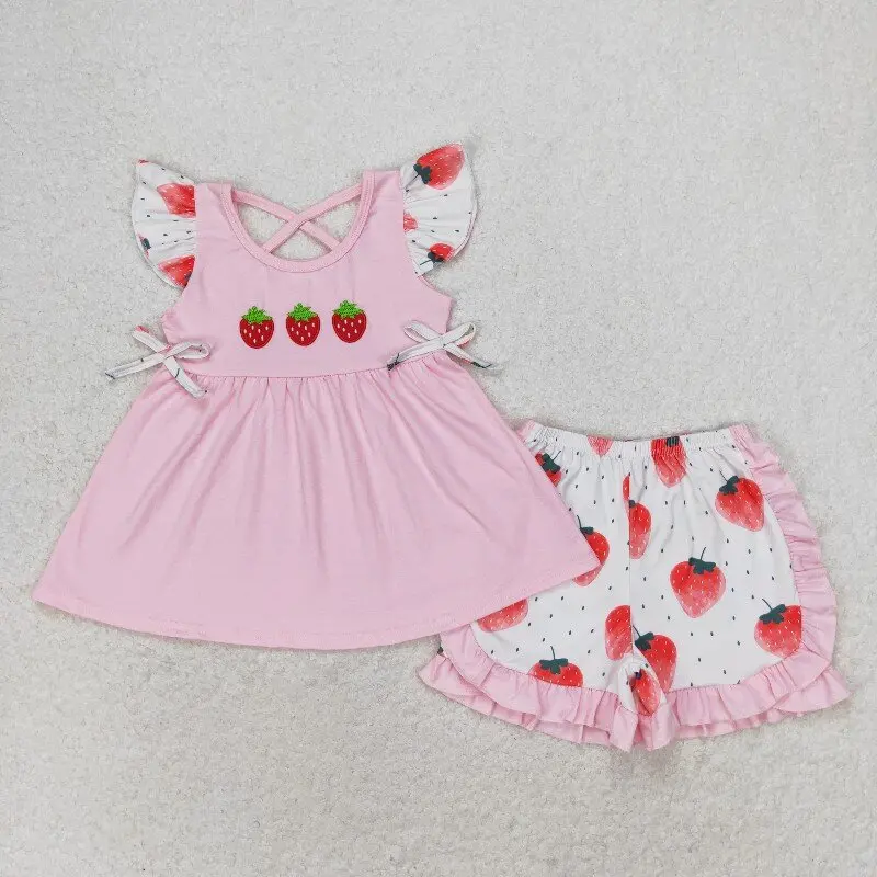 New rts infant girls summer suit wholesale boutique embroidered strawberry pink flying sleeve shorts set GSSO1054