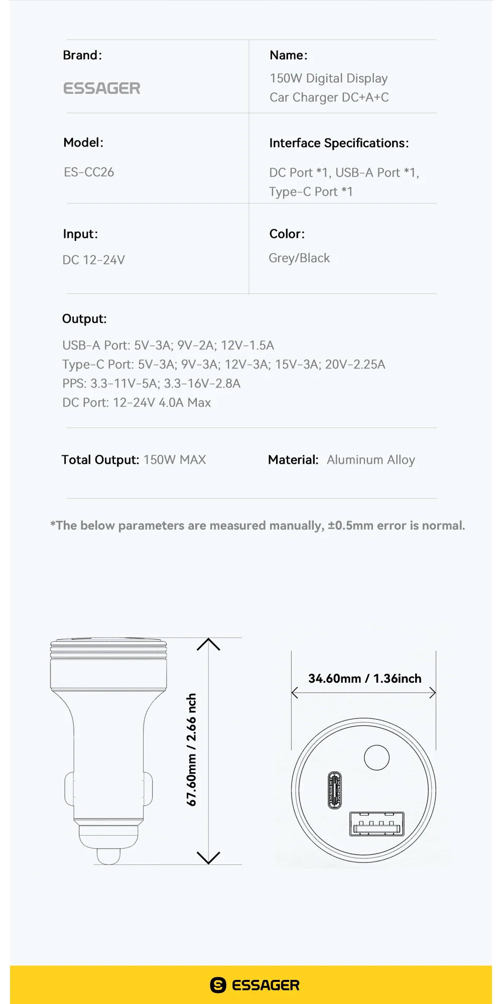 Essager 150W USB-Autoladegerät für Xiaomi iPhone Samsung Laptops Tabet PD 3.0 Schnellladung USB Typ C Digitalanzeige Autoladegerät – Detail 12