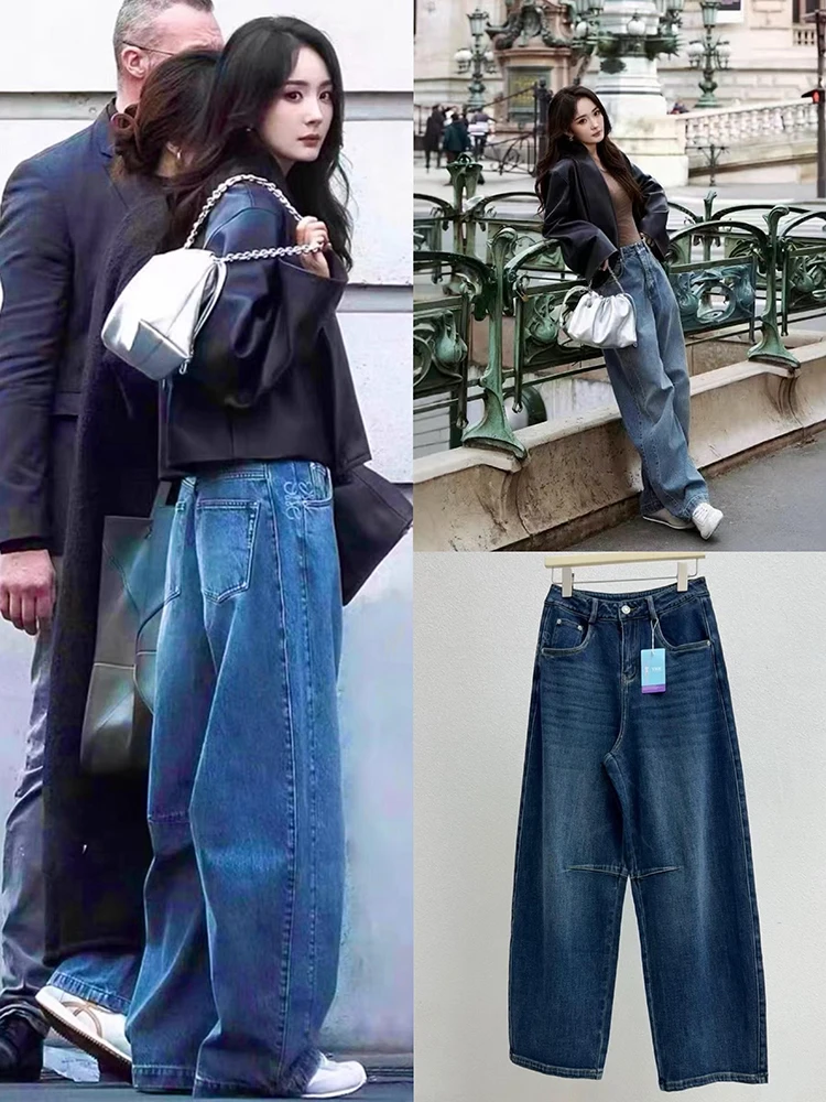 

Утепленные женские джинсы Thiened Fce с высокой талией и широкими штанинами, в стиле ретро, теплые повседневные брюки для осени и зимы