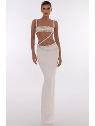 New Women Summer Celebrity Sexy Beading Split Maxi Long White Bandage Skirt Set 2024 Knitted Elegant Evening Club Party Clothing