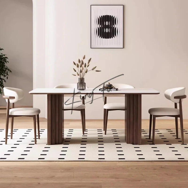 Antique modern walnut color dining table home retro solid wood slate rectangular dining table