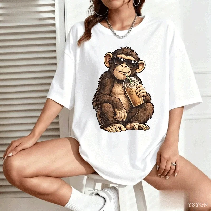 Funny Monkey Drinking Iced Coffee T Shirt Men Women Streetwear Animal Graphic T-Shirt Summer Short Sleeve Round Neck Tops