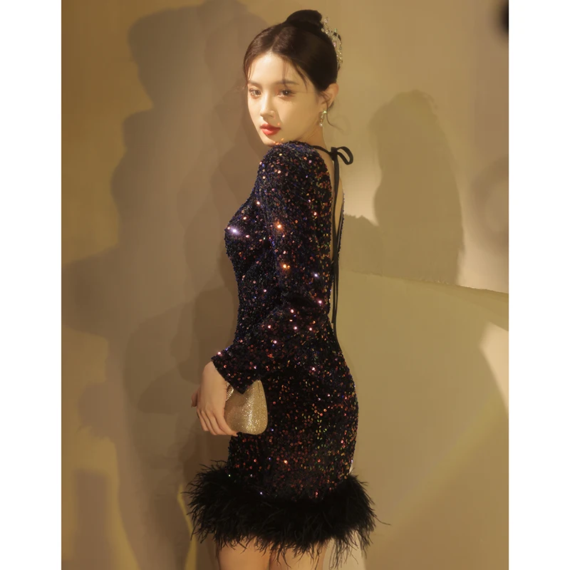 Sequins Feather Stitching Black Evening Dress Women French Luxury Socialite Round Neck Long Sleeve Tight Sheath Birthday Dress