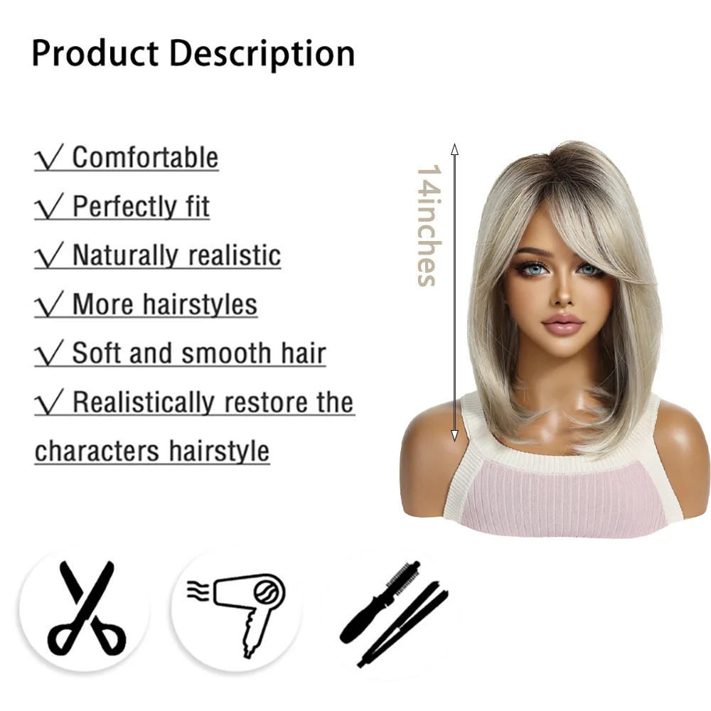 Platinum Blonde Ombre Straight Bob Wig Side Fringe Natural Heat Resistant Synthetic Hair For Women Daily Party Halloween Cosplay