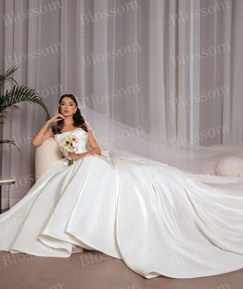 Vestidos De Noiva De Cetim Macio Sem Alças, Vestido De Baile, Apliques De Cauda Longa, Véu De Renda, Vestido De Noiva Personalizado High-End, Vestidos De Festa De Casamento