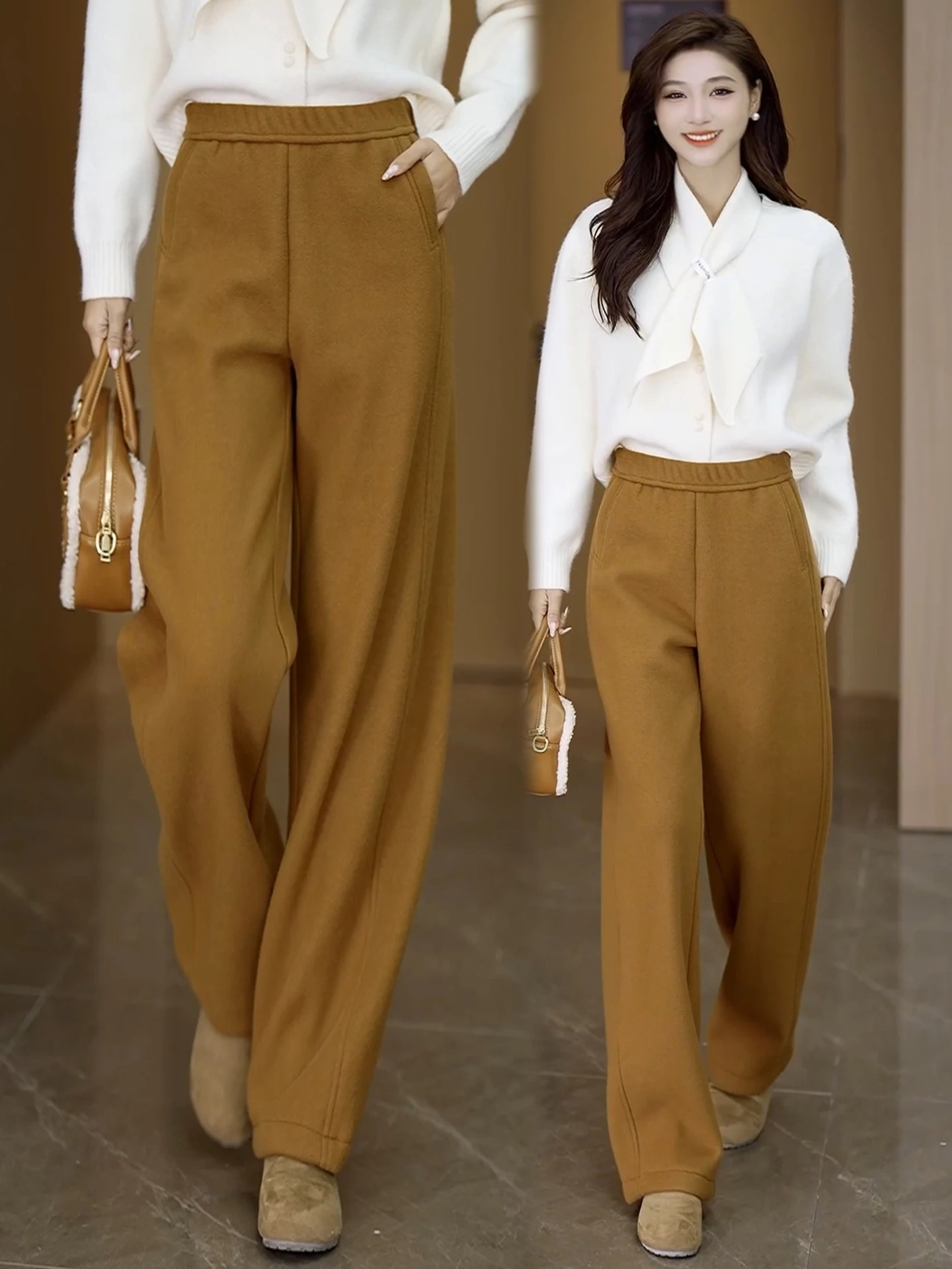 

Женские повседневные широкие брюки-бананы с высокой талией, на флисовой подкладке, из шерсти, с эффектом похудения, осенне-зимняя новинка