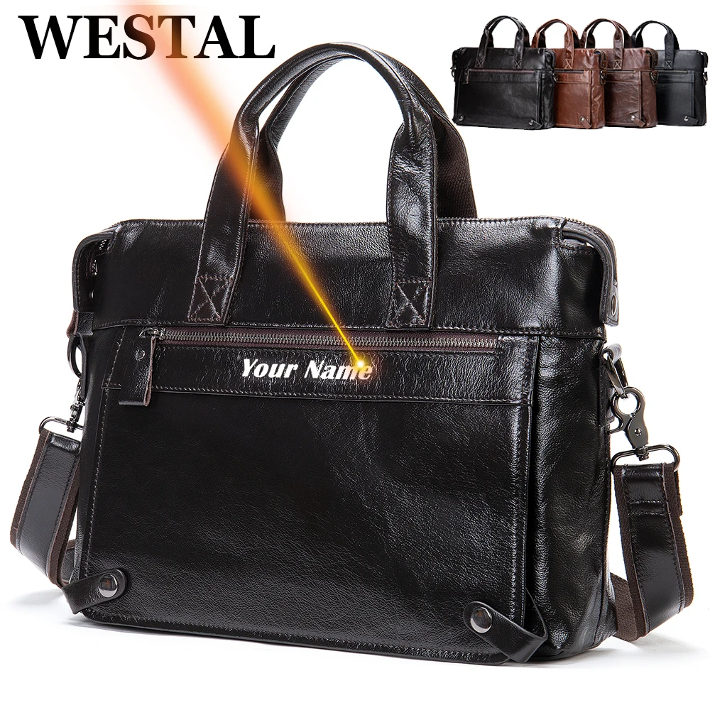 WESTAL-Sac en cuir véritable pour hommes, étuis à bombes, sac pour ordinateur portable, 14 en effet lancé, sacs de messager, sacs informatiques pour documents, 7708