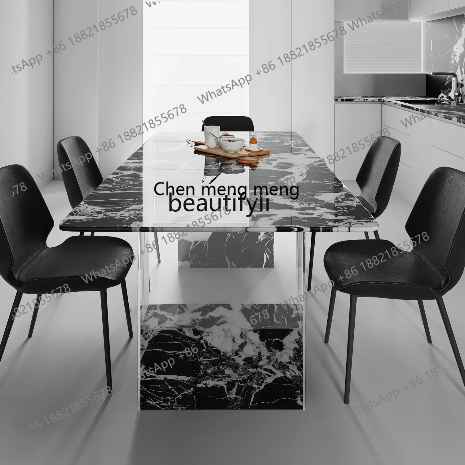 ss7486 طاولة طعام معلقة من الرخام، طاولة طعام مستطيلة من الحجر الأسود الفاخر خفيفة فاخرة من الأكريليك وابي سابي مقاس الرياح APA
