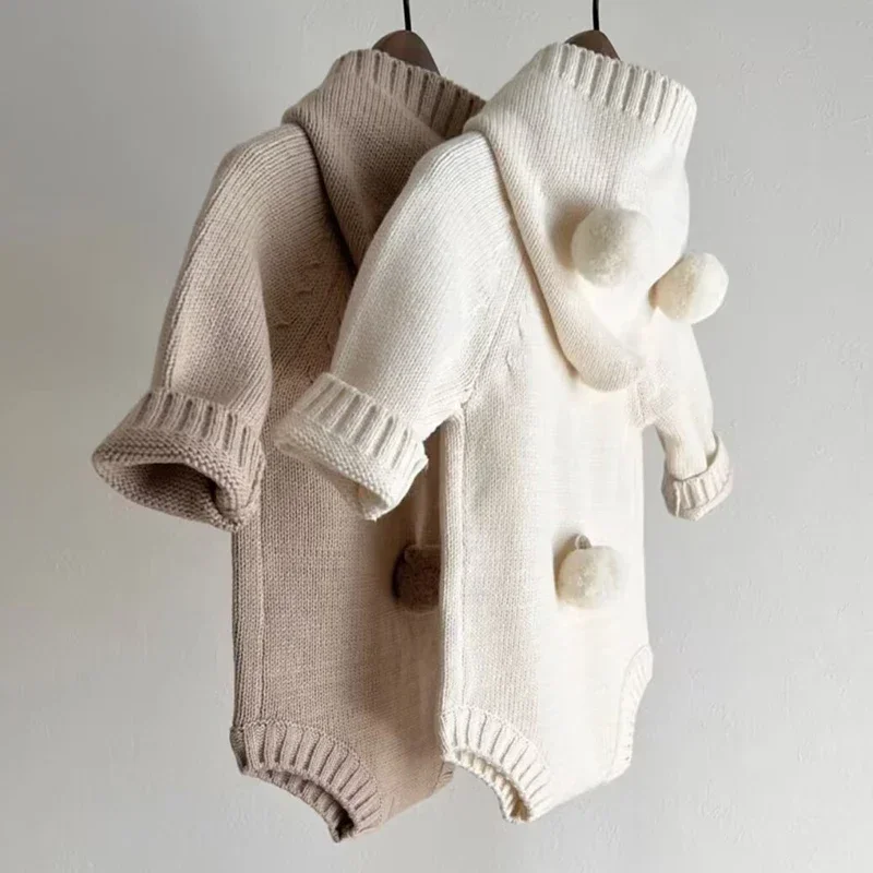 Ropa de invierno para bebés de 0 a 3 meses, mono triangular de punto de manga larga con oso de peluche para recién nacidos, mono cálido para hombres y mujeres