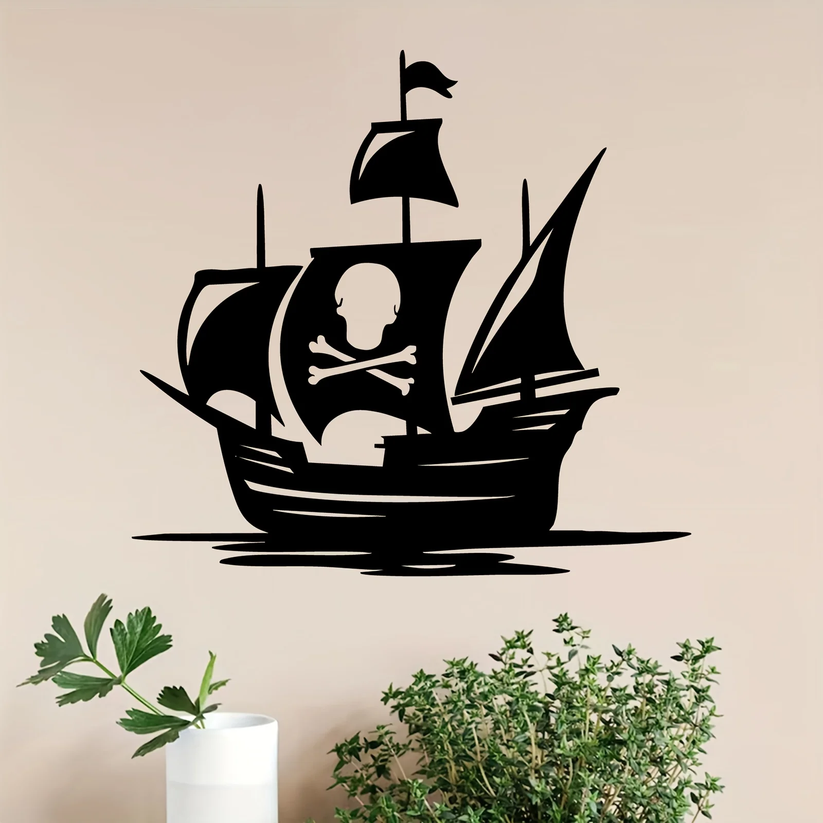 Pirate Ship Metal Wall Art, Weather‑Resistant Iron Nautical Silhouette Mural, Indoor Outdoor Pirate‑Themed Room