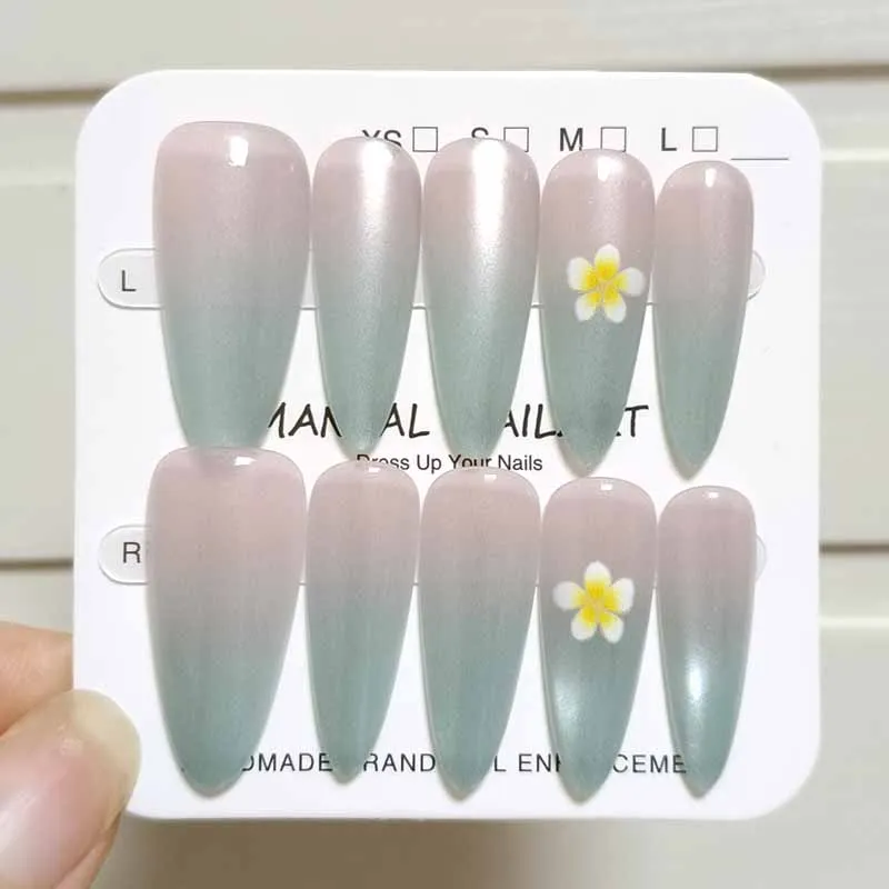 10Pcs French Style 3D Nail Art with Polka Dots Bows Cat Eyes Press on Nails Colorful Gradient High-end Fake Nails Nail Patch