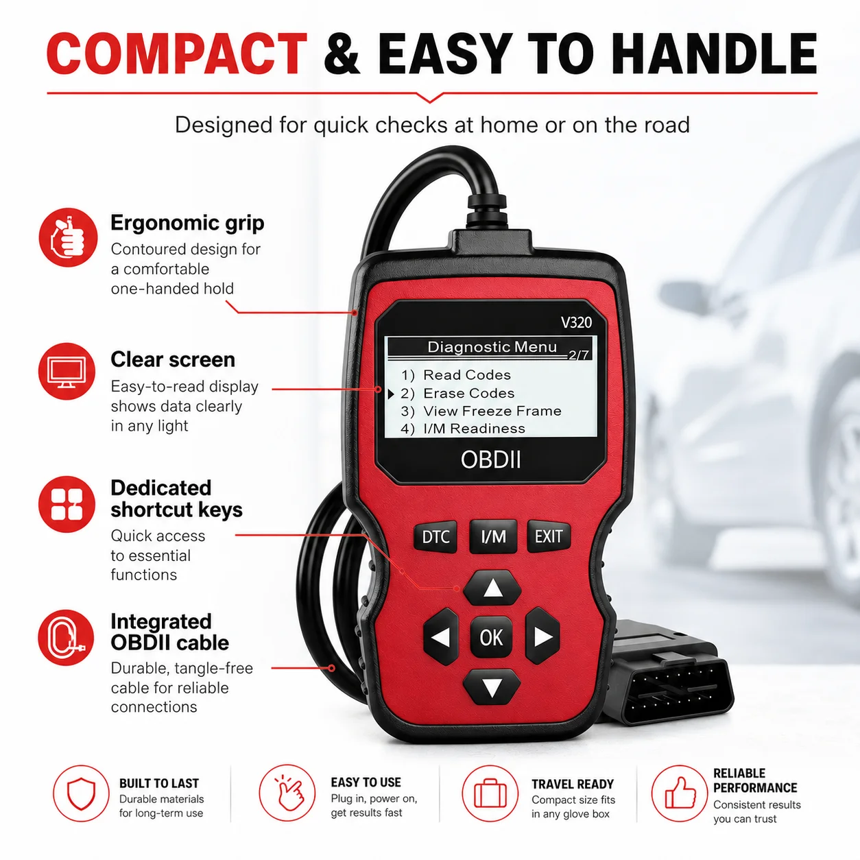 OBD2 Diagnostic Scanner Tool - Engine Fault Code Reader, with Real-Time Data Stream, Battery Test, and Code Erase