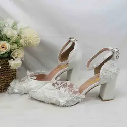 2023 BaoYaFang New arrival white lace-up Flower Bridal wedding shoes pointed 8cm Thick heels party dress shoes Ankle Strap Shoe