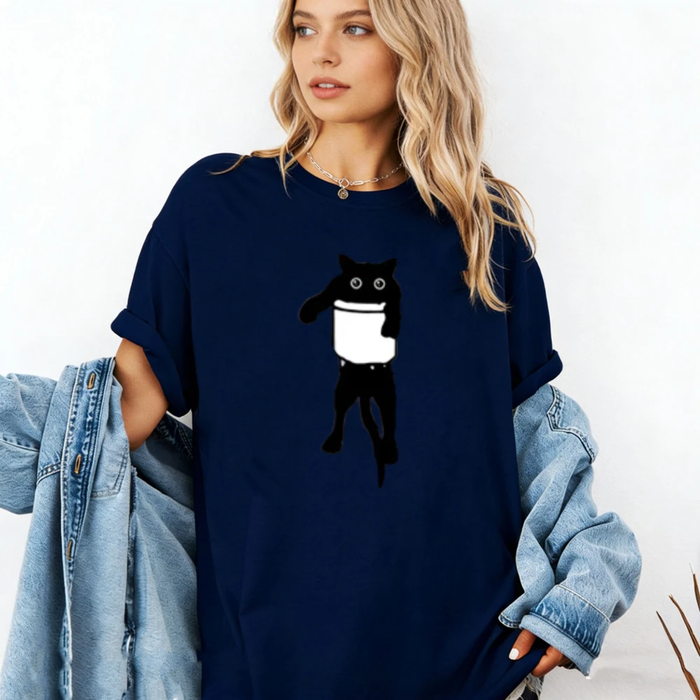 Unisex Funny Hanging Black Cat Meme Graphic T‑Shirt Cute Cartoon Kitty Hanging Pose Art Print O‑Neck Soft Cotton Loose Tee Tops