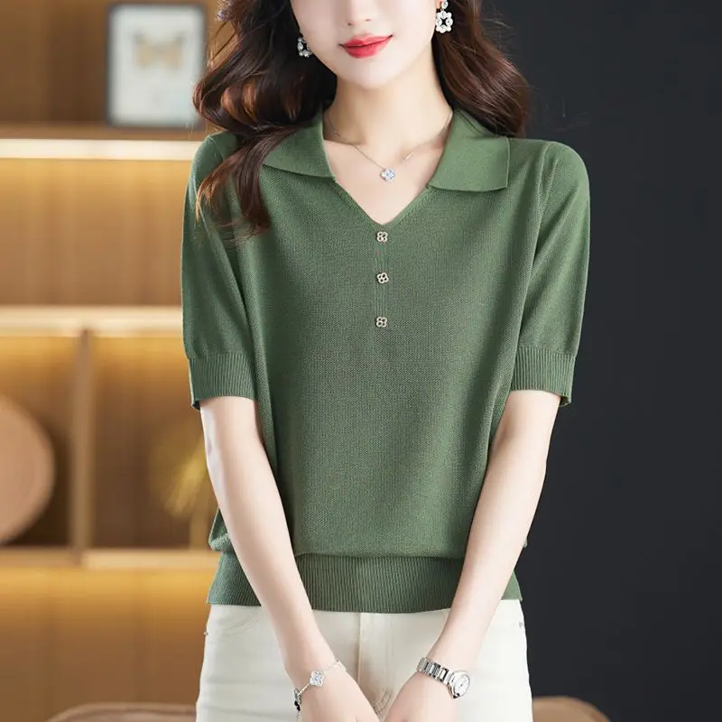 女性用シルクニット半袖Tシャツ,VネックTシャツ,各種セーター,ベーシックルーズカジュアルトップス,単色,韓国ファッション,夏