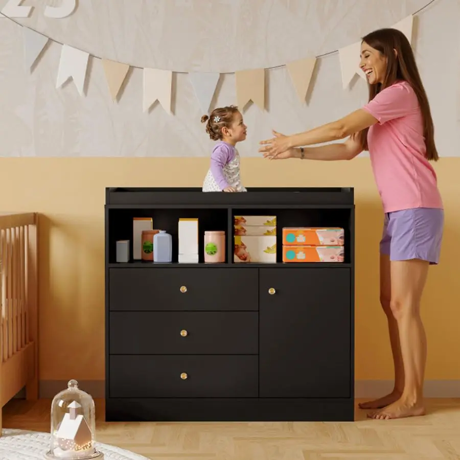 خزانة طاولة متغيرة، محطة تغيير حفاضات خشبية مع رفين مفتوحتين، 3 أدراج، وخزانة واحدة، وخزائن أطفال حديثة لـ N #4