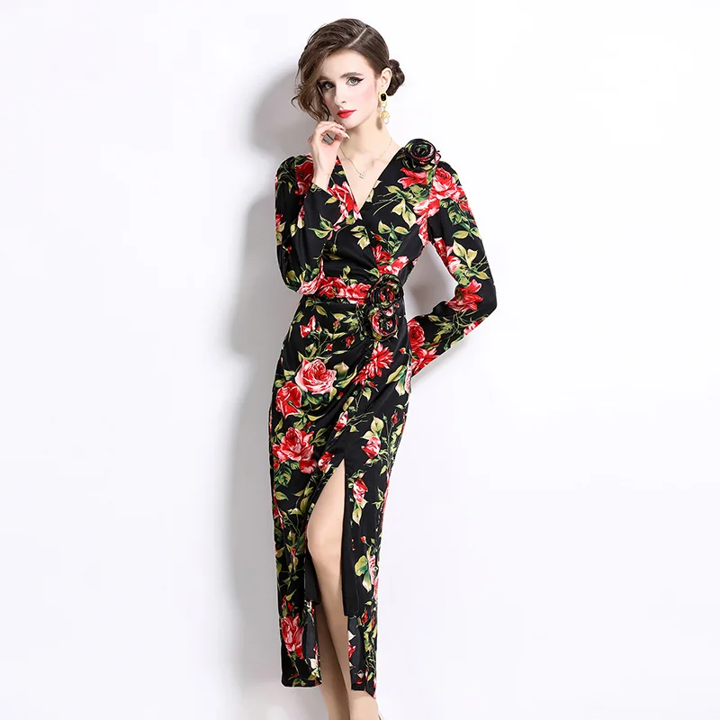 New French Vintage Autumn Flower Print Bodycon Slim Long Dress Elegant Women V Neck Rose Floral Deco Folds Split Party Vestidos