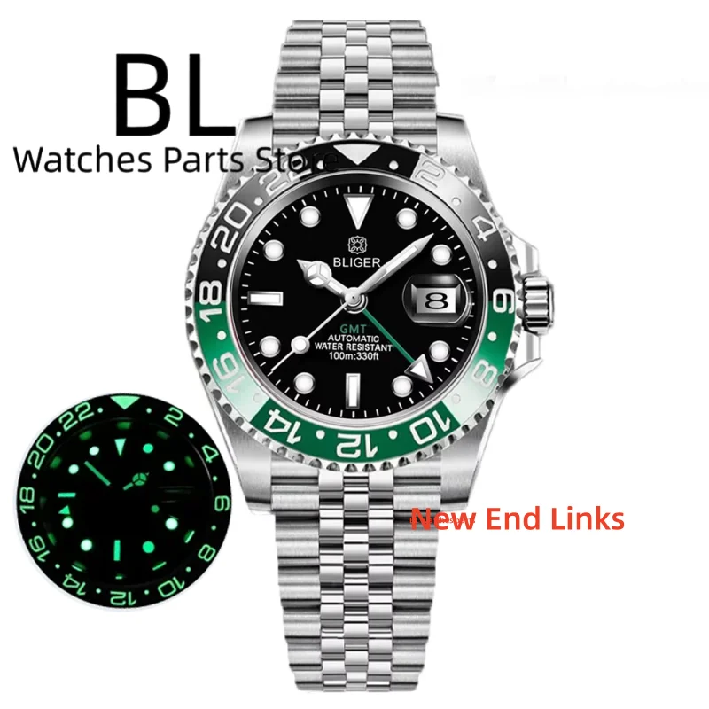 

BLIGER NH34A GMT мужские часы 40 мм черные зеленые керамические светящиеся вставки красные GMT ручные нержавеющая сталь сапфировое стекло водонепроницаемые