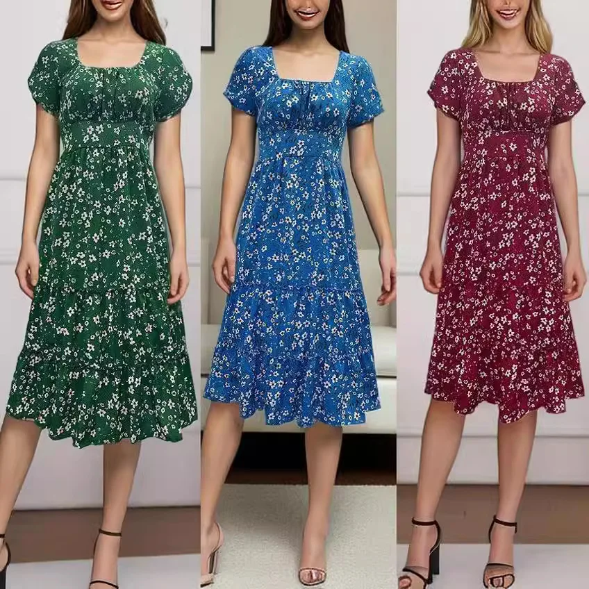 Elegant Women's Chiffon Dress 2025 Summer Square Neck Short Sleeve Green Dress Robe Ropa Mujer Primavera Verano Зеленное Платье