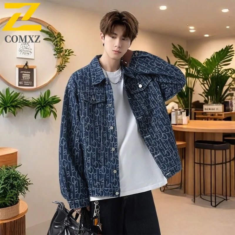 

COMXZ 2025 Мужская красивая куртка, винтажная куртка с отложным воротником для кемпинга, потертые джинсовые куртки больших размеров, уличная одежда, осеннее пальто
