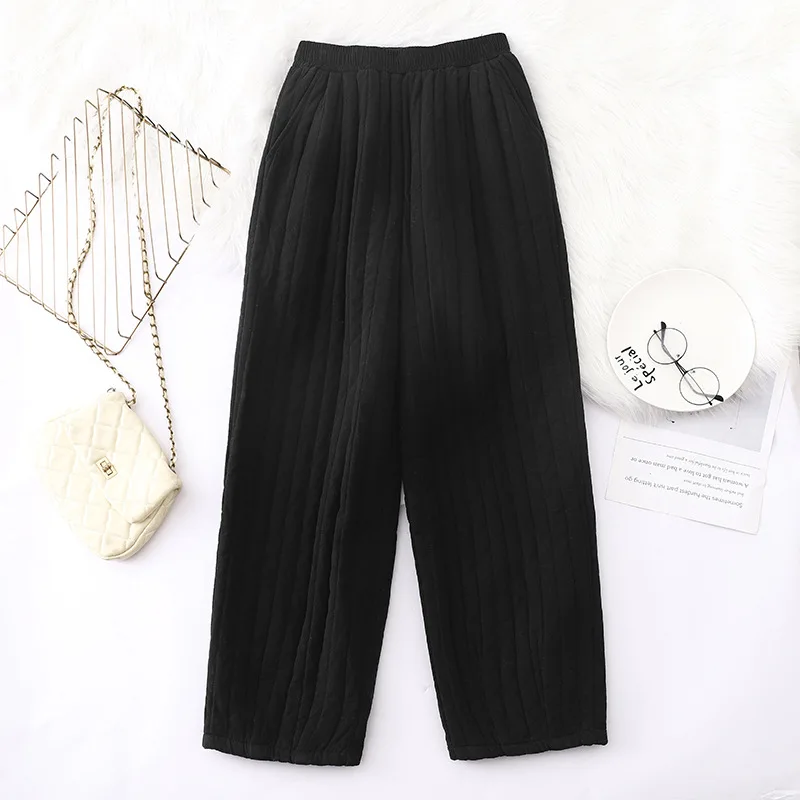 Women Winter Cotton Fabric Cotton-padded Pants Lightweight Retro Striped Harem Pants Female Oversize Loose Warm Casual Trousers