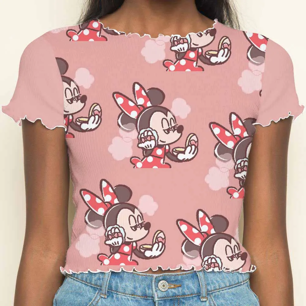 T-shirts Crop Tops Sexys Minnie Mouse T-shirt Summer Clothes Women 2024 Disney Woman Clothing Lettuce Trim Top Short Sleeve Tees