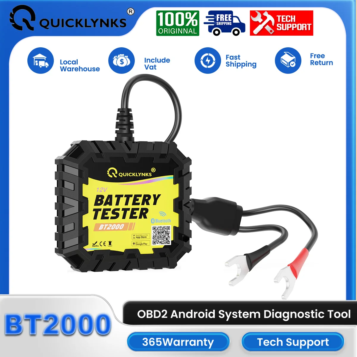 

QUICKLYNKS BT2000 OBD2 Automotive Bluetooth 4.0 Diagnostic Tools for Test 12V Battery Monitor Cranking&Charging CCA Battery