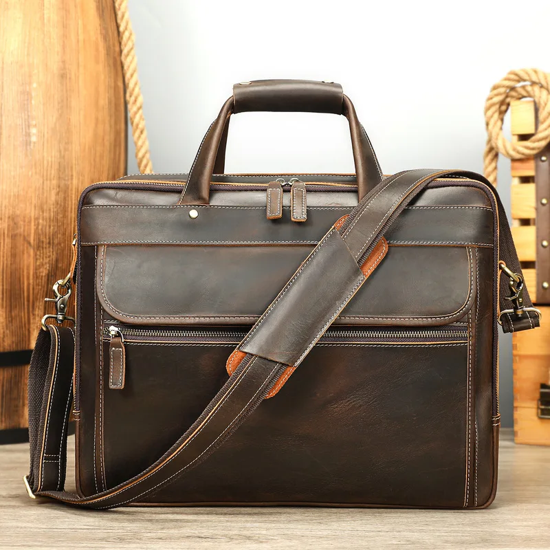 Retro Wild Horse Leather Men's Briefcase High-End Top-grain Cowhide Handbag Men's Wild Horse Leather Briefcase Collection