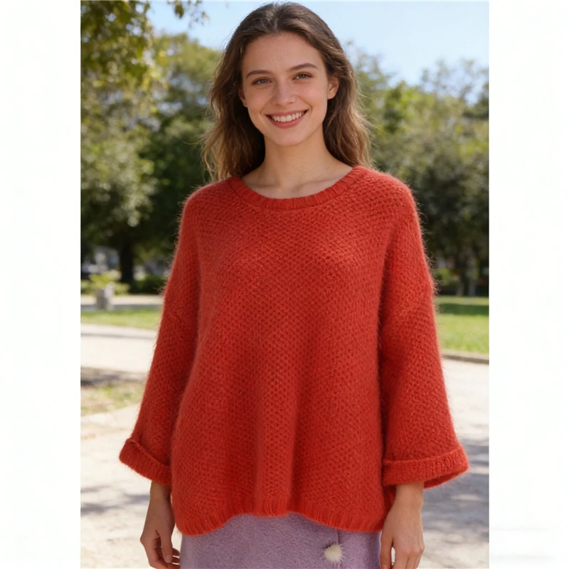 

Женский модный вязаный свитер-пуловер из ангоры с рукавом три четверти, круглым вырезом, свободного кроя, весна-осень