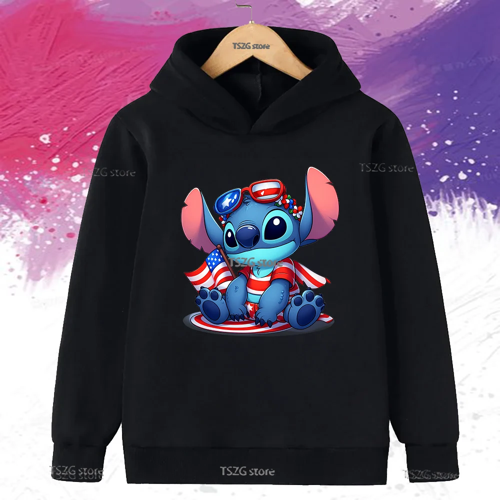 Autumn Cartoon Disney Stitch Fireworks cute Print Kids Hoodies Casual Hooded Children Sweatshirt Long Sleeve Boys Girls Pullover