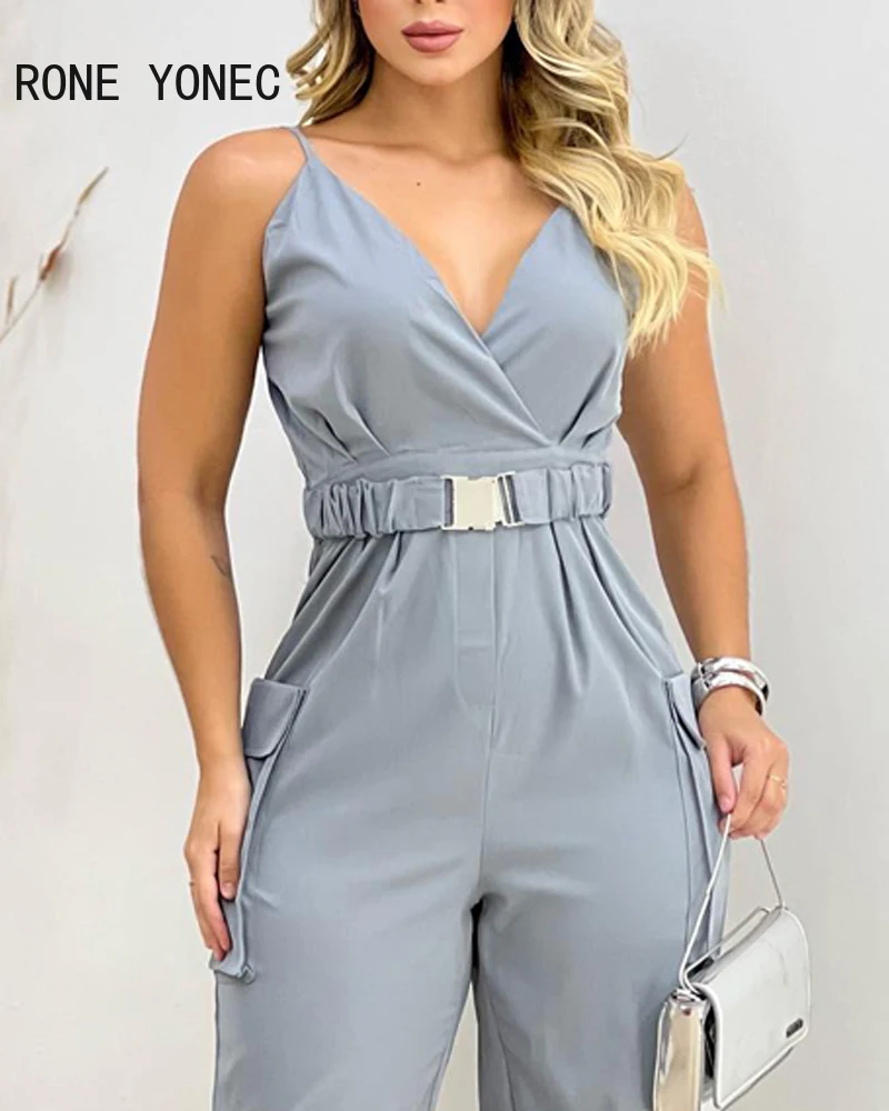 Women Solid  with Belts Pocket Spaghetti Straps Sleeveless V Neck Overall Jumpsuit