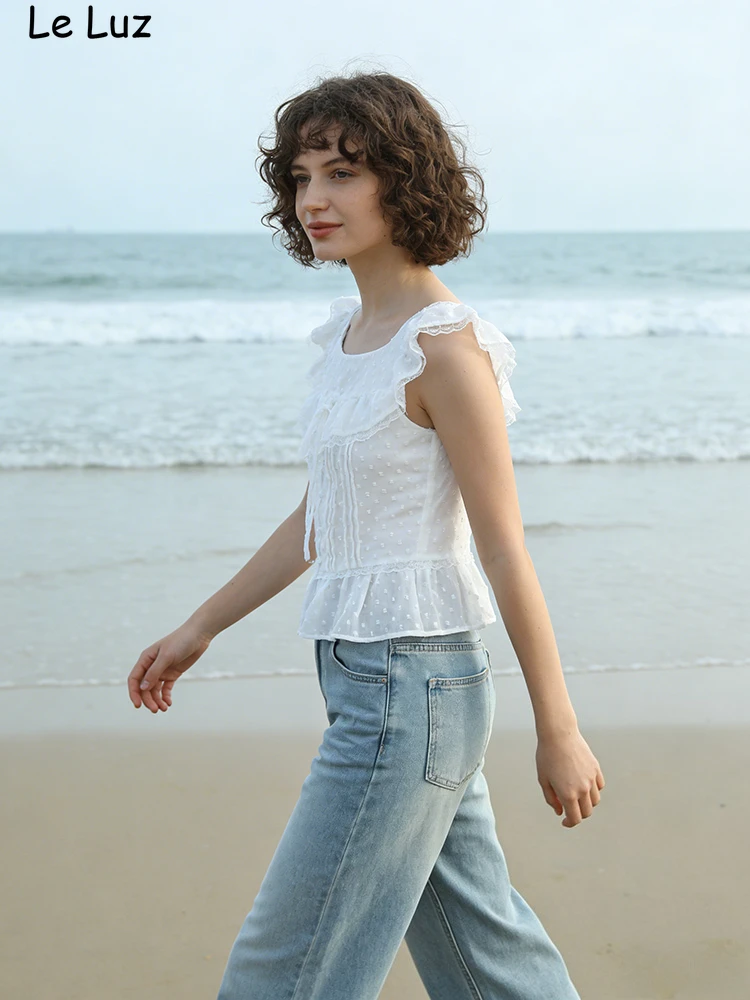 플로럴 시크 크롭 레이스 블라우스 셔츠 여성용 화이트 여름 봄 민소매 타이업 브이넥 섹시 캐주얼 휴가용 여성 셔츠 탑