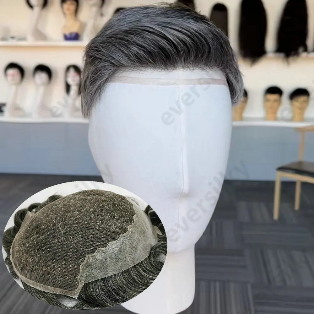 Herren-Toupet, Echthaar-Perücken, unsichtbarer Haaransatz, Q6, französisches Lace-Front- und PU-Basis-System, männliches Haarersatzsystem, Haarprothese. – Detail 2