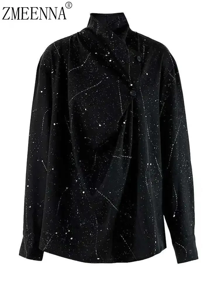 

ZMEENNA Black Long Sleeve Blouse With Abstract Speckled Print Draped Front Detail Unique High Neck Top Women's Fashion ZM963
