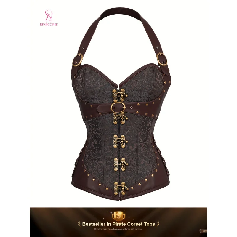 Steel Bone Vintage Leather Halter Steampunk Gothic Brown Corset Top Bustier Waist Cincher Women For Performance Cosplay