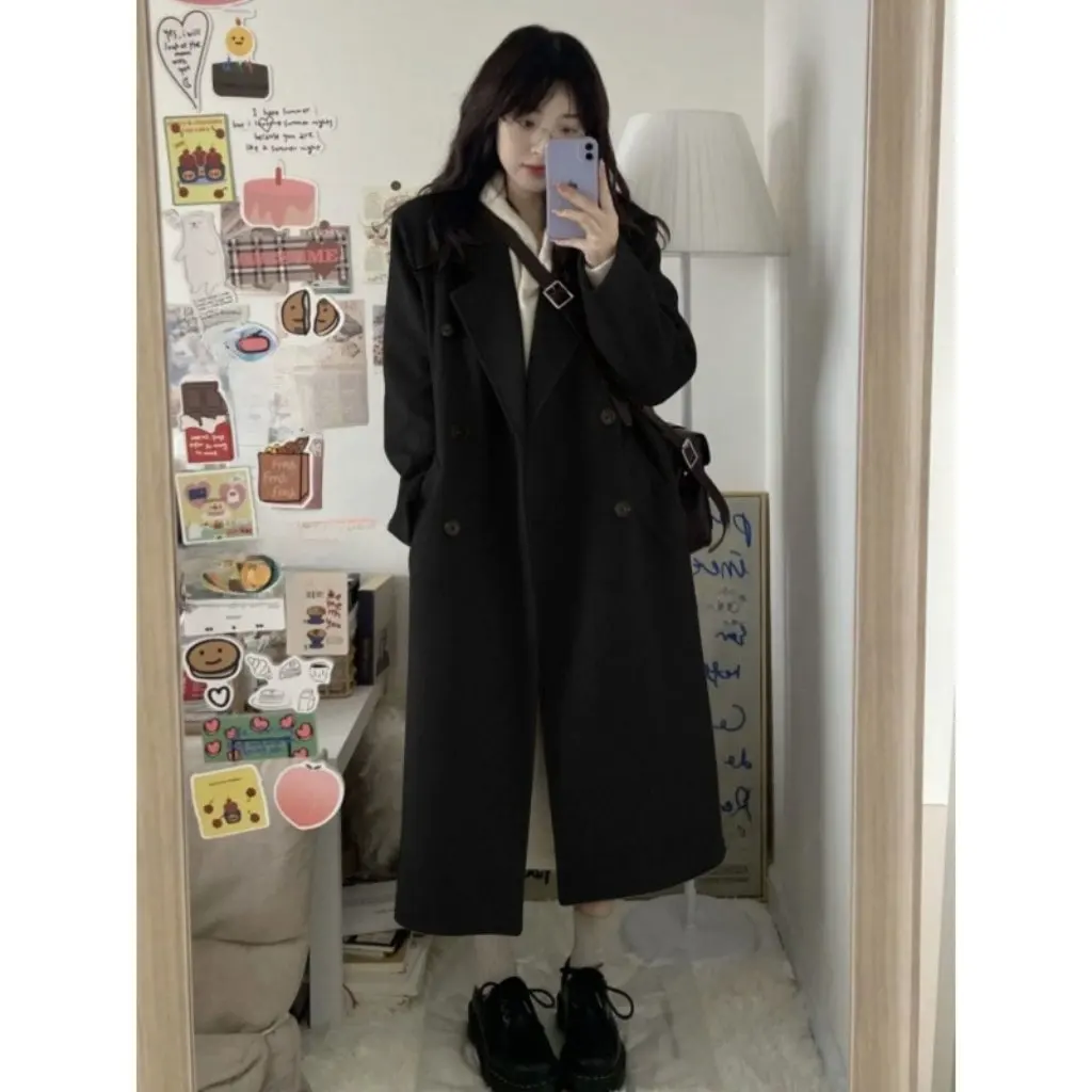 

Women's Black Woolen Coat High-End Korean Style Hepburn Wind Coat for Autumn Winter Trendy Casual Outerwear