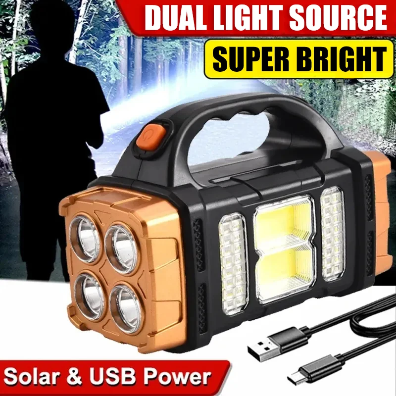 Lampu senter LED tenaga surya portabel, lampu senter isi ulang USB kuat portabel dengan lampu kerja COB, lampu berkemah ponsel isi ulang daya 4 gigi