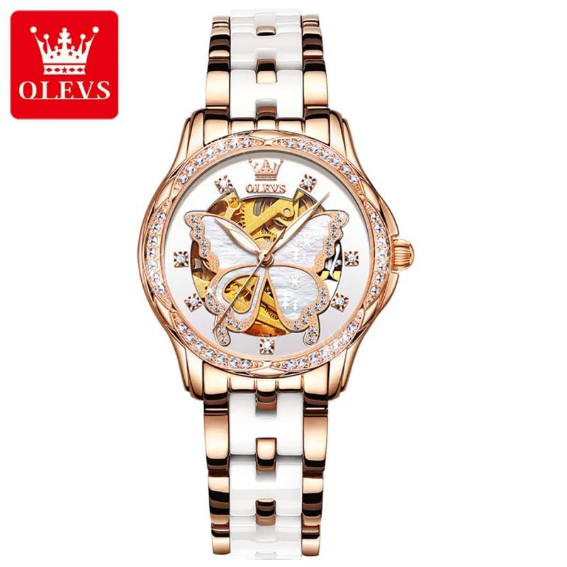 Olevs 6622 Design Ceramic Band Automatic Movement Mechanical Watches Women Luxury Waterproof Hollow Ladies Watch