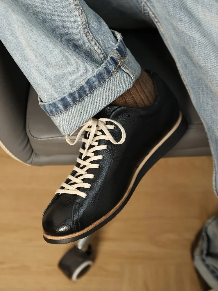 Vintage Men Pebble Leather Casual Shoes Lace Up Soft Sole Business Daily Walking Sneakers Genuine Leather Comfort Skate Shoes