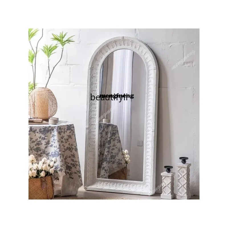 French retro decorative mirror hanging on the wall white cream wind porch dressing arched entrance door full body mirror landing