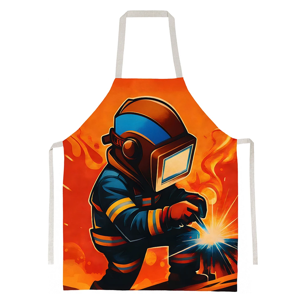 1pc Bold Welder Pattern Kitchen Apron: A vibrant, retro-futuristic design with sparks and flames details, protecting your clothe