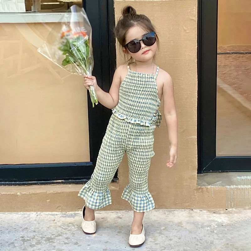 Casual Plaid Camisole Tops +Flared pants for 3-8Y Girls Elastic Stretch Sling Summer Fashion Outdoor Outfits Kids Two-Piece Suit