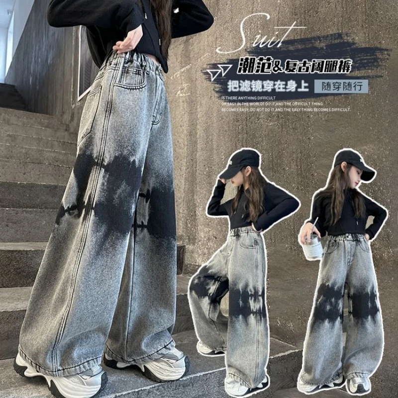 جينز بناتي، سروال جينز واسع الساق من قماش الدنيم، صبغ أمريكي عتيق، بنطال شتوي دافئ مبطن بالصوف، لعمر 7 إلى 14 سنة