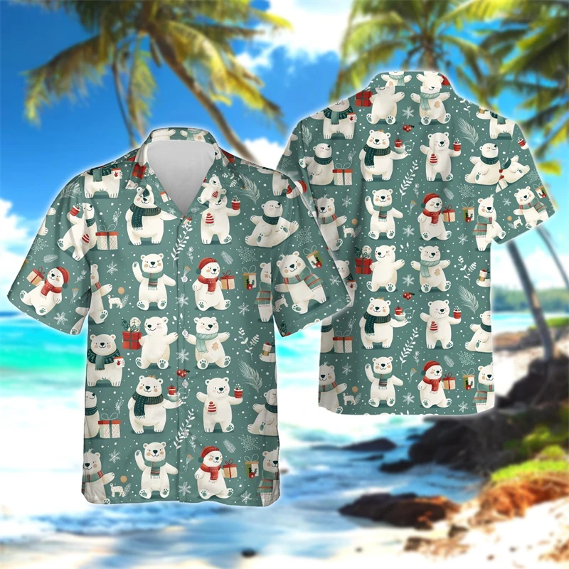 Chemises à manches courtes à motif d'ours polaire de dessin animé pour hommes, mode Harajuku, vêtements décontractés hawaïens, chemise de plage animale, bouton vers le haut