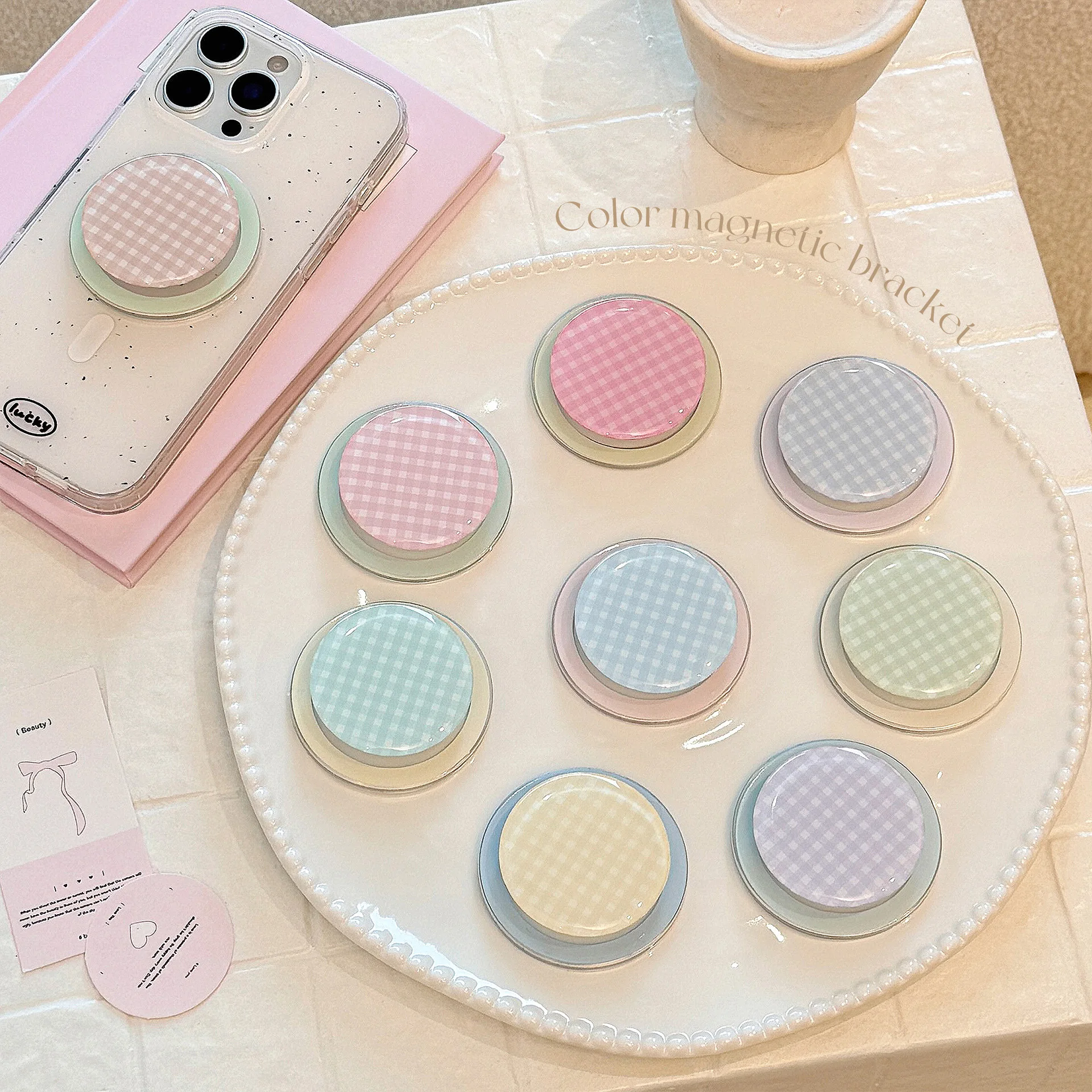 Koreanische Macaron Farbe Gitter Muster Fall Faltbare Halter Für Magsafe Magnetische Telefon Grip Tok Stehen Für iPhone Samsung Halterung