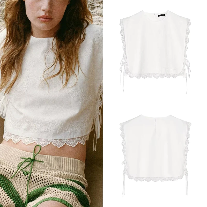 

Ele Faionable Women's round Ne Embroidered Top with Knot Design Summer 2025 Polyester Fiber 00% T-irt